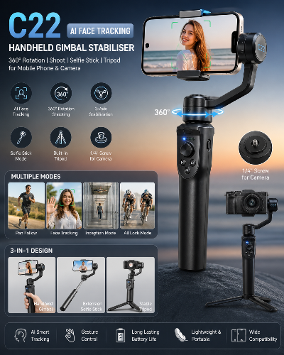 Handheld gimbal stabilizer with smartphone attachment on a beach background